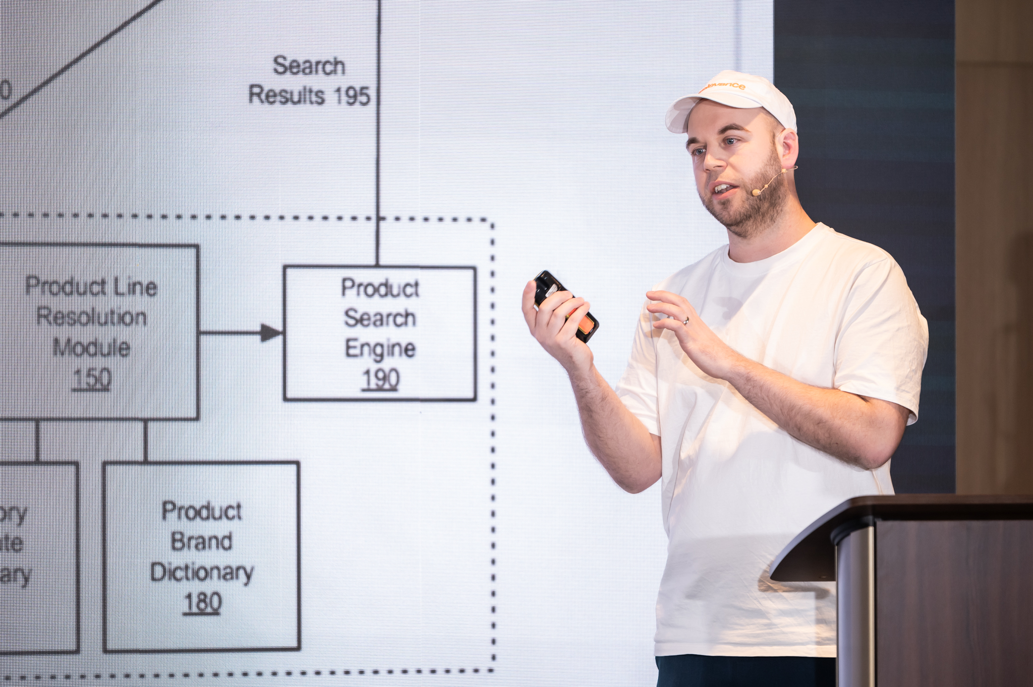 Pontus Vippelius speaking on stage about product search architecture